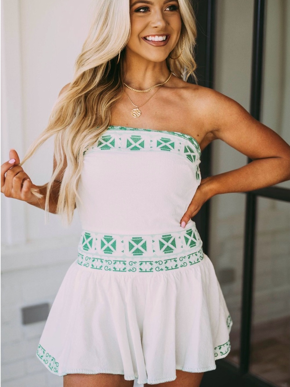 These Three Boutique White and Green Strapless Romper